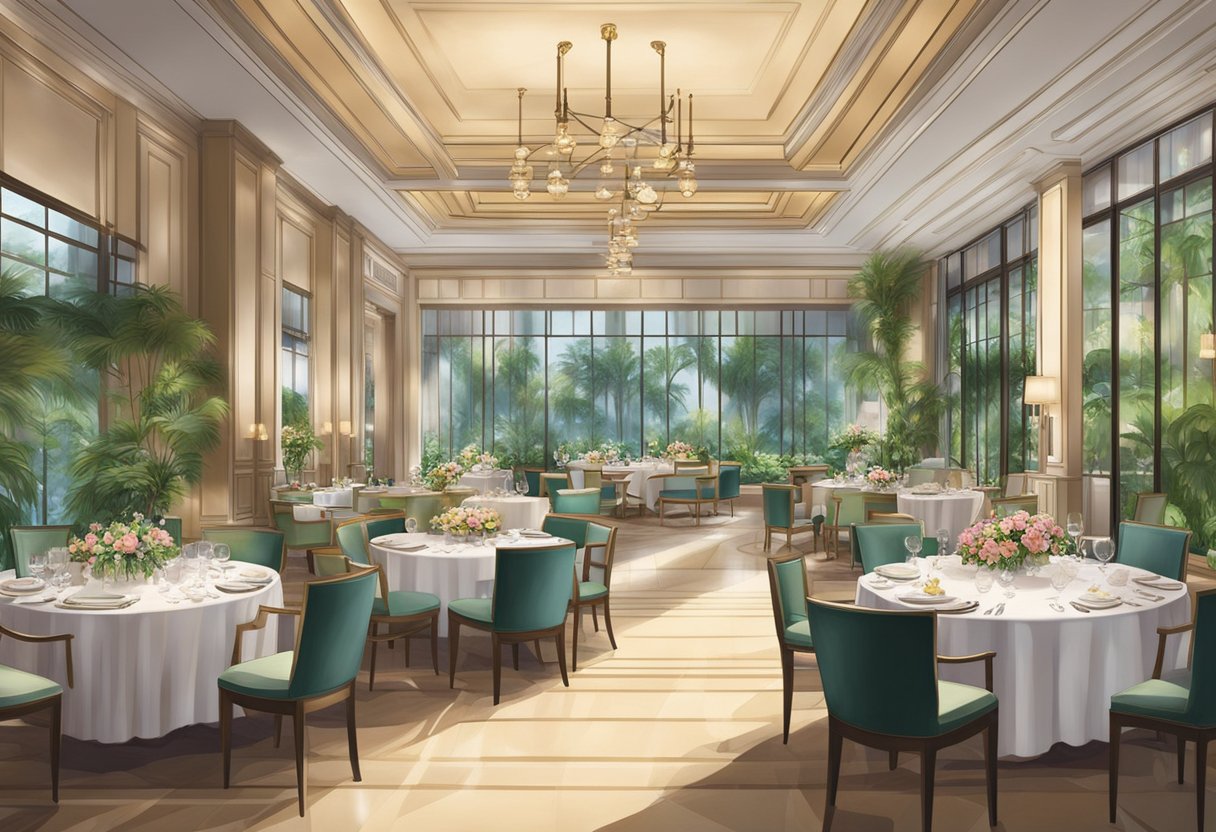 A luxurious dining and leisure scene at Four Seasons Singapore, with elegant decor and lush greenery, creating a serene and inviting atmosphere