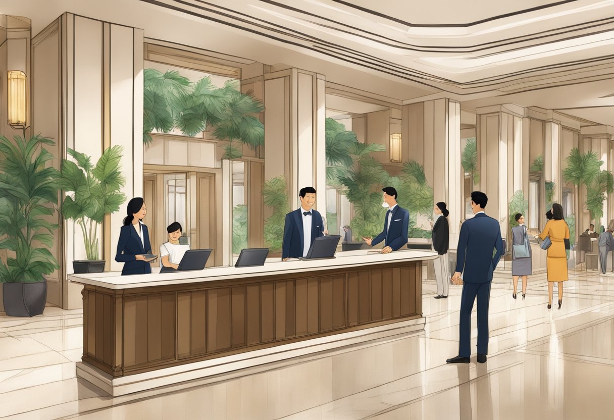 The Four Seasons Singapore hotel lobby bustling with guests asking questions at the reception desk. A concierge assists a guest with luggage. The ambiance is elegant and luxurious, with modern decor and lush greenery