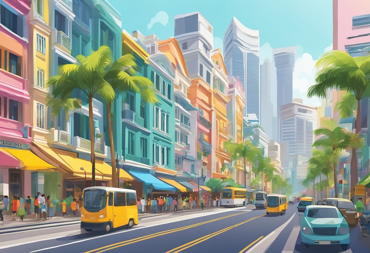 A bustling street in Singapore, with colorful buildings and palm trees lining the road. The iconic CTC Travel sign stands out against the vibrant city backdrop