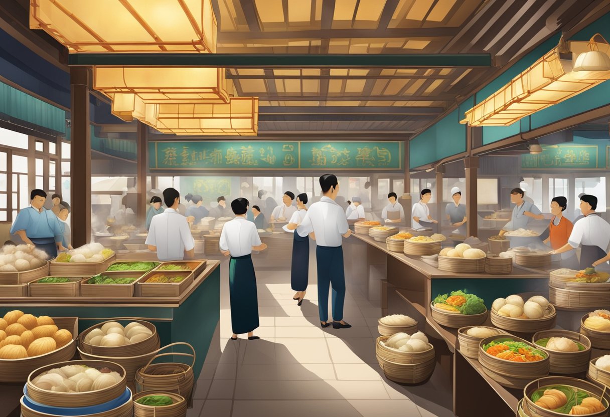 A bustling dim sum restaurant in Singapore, with steaming bamboo baskets, colorful dishes, and bustling waitstaff