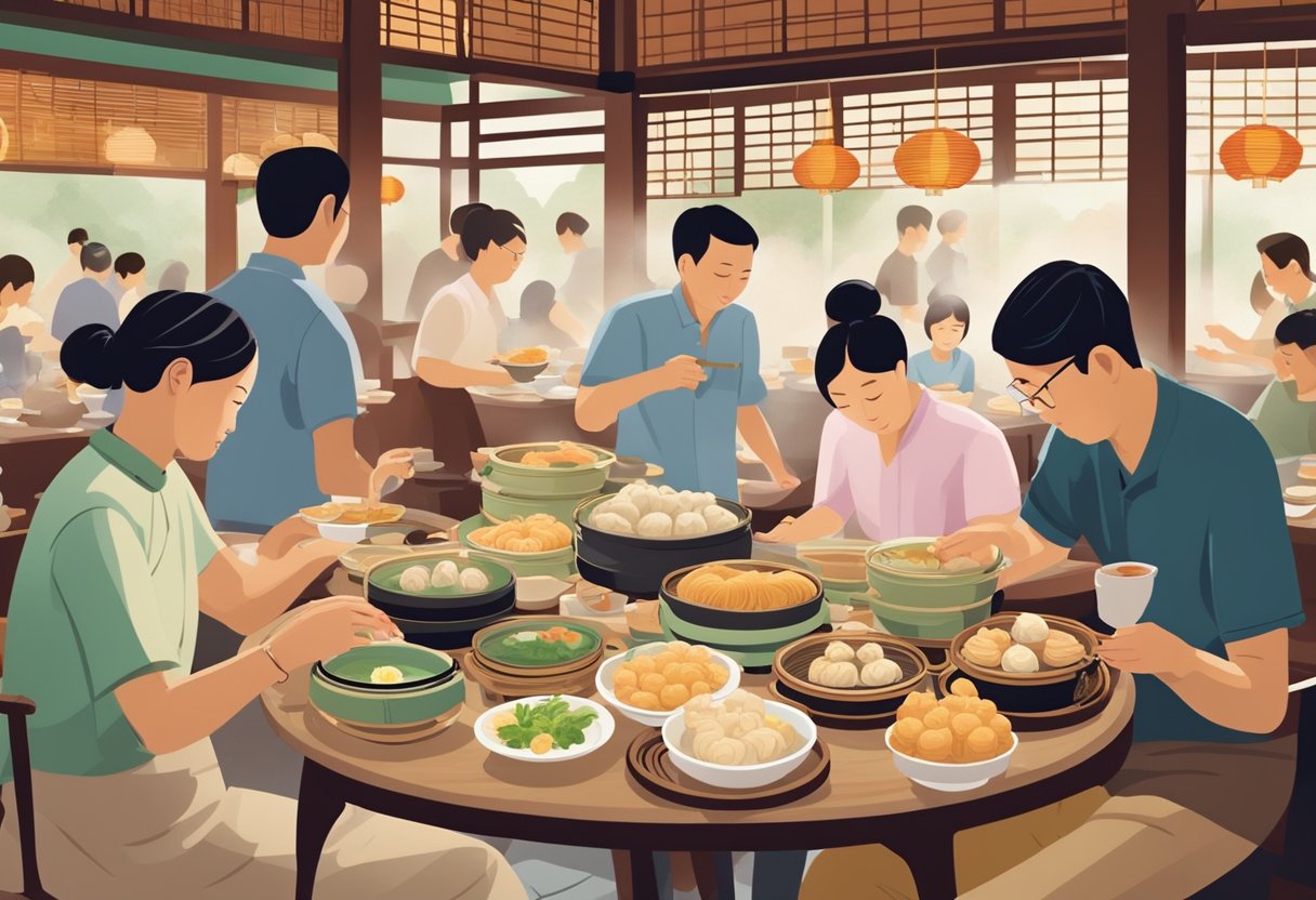 Customers enjoying a variety of steaming hot dim sum dishes at a bustling Singaporean restaurant. Tables are filled with bamboo steamers and teapots, while the aroma of fresh dumplings fills the air