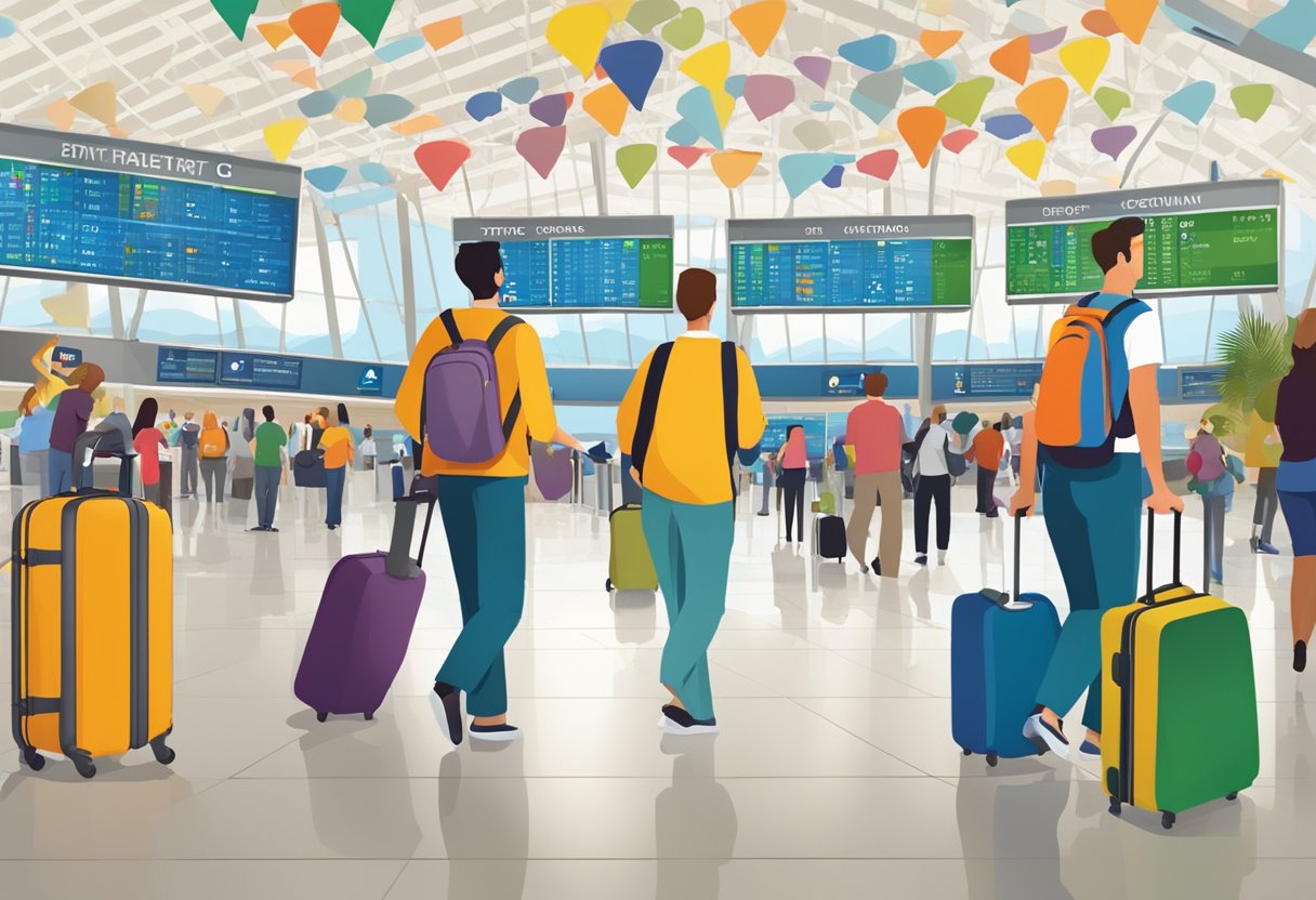 A traveler stands at a bustling airport terminal, surrounded by colorful destination signs and excited tourists. The CTC Travel logo is prominently displayed, hinting at the adventure to come
