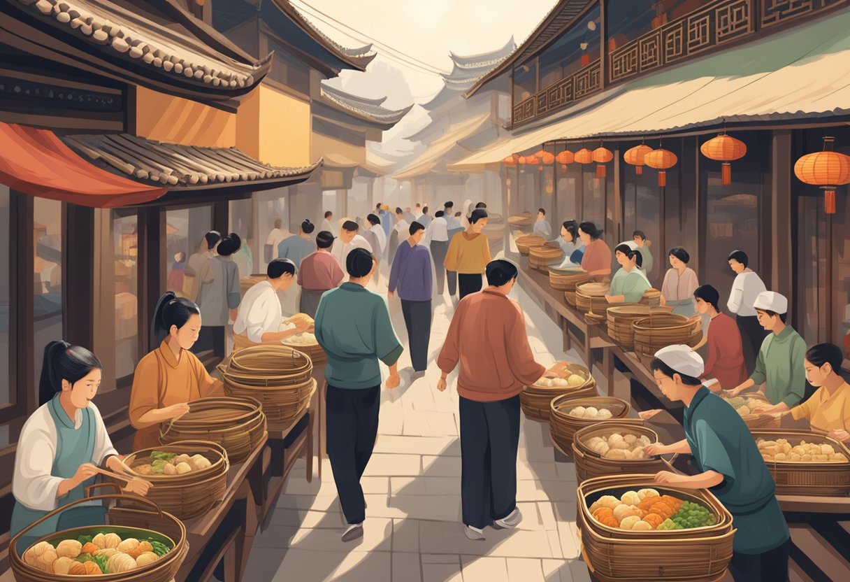 Customers select bamboo baskets of steaming dim sum from carts in a bustling, crowded restaurant with traditional Chinese decor