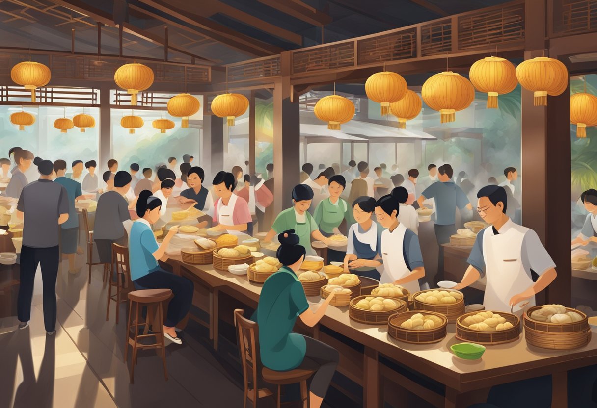 A bustling dim sum restaurant in Singapore, with steaming bamboo baskets of dumplings, bustling waitstaff, and a lively atmosphere