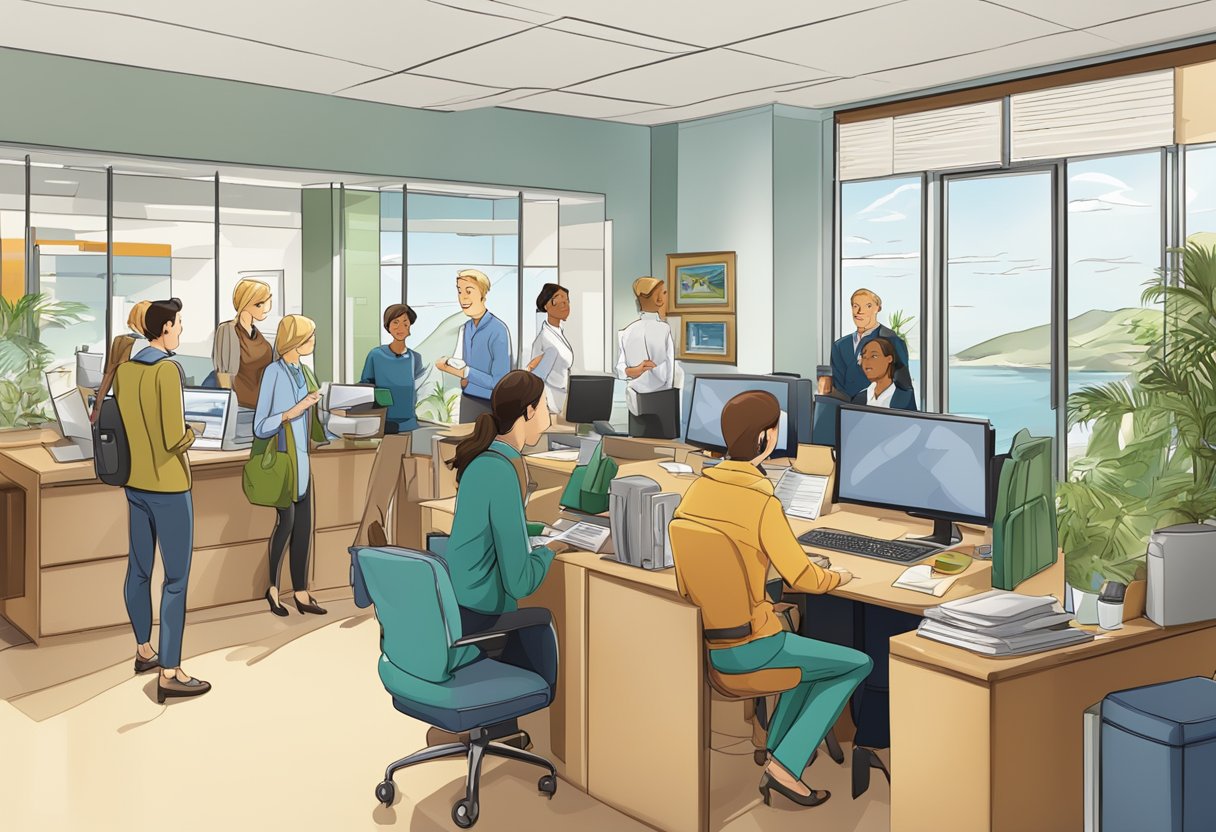 A bustling travel agency office with a large "Frequently Asked Questions" sign and customers inquiring at the front desk