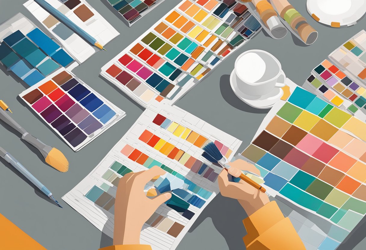 A vibrant array of color swatches arranged on a table, with a consultant holding up different shades for analysis