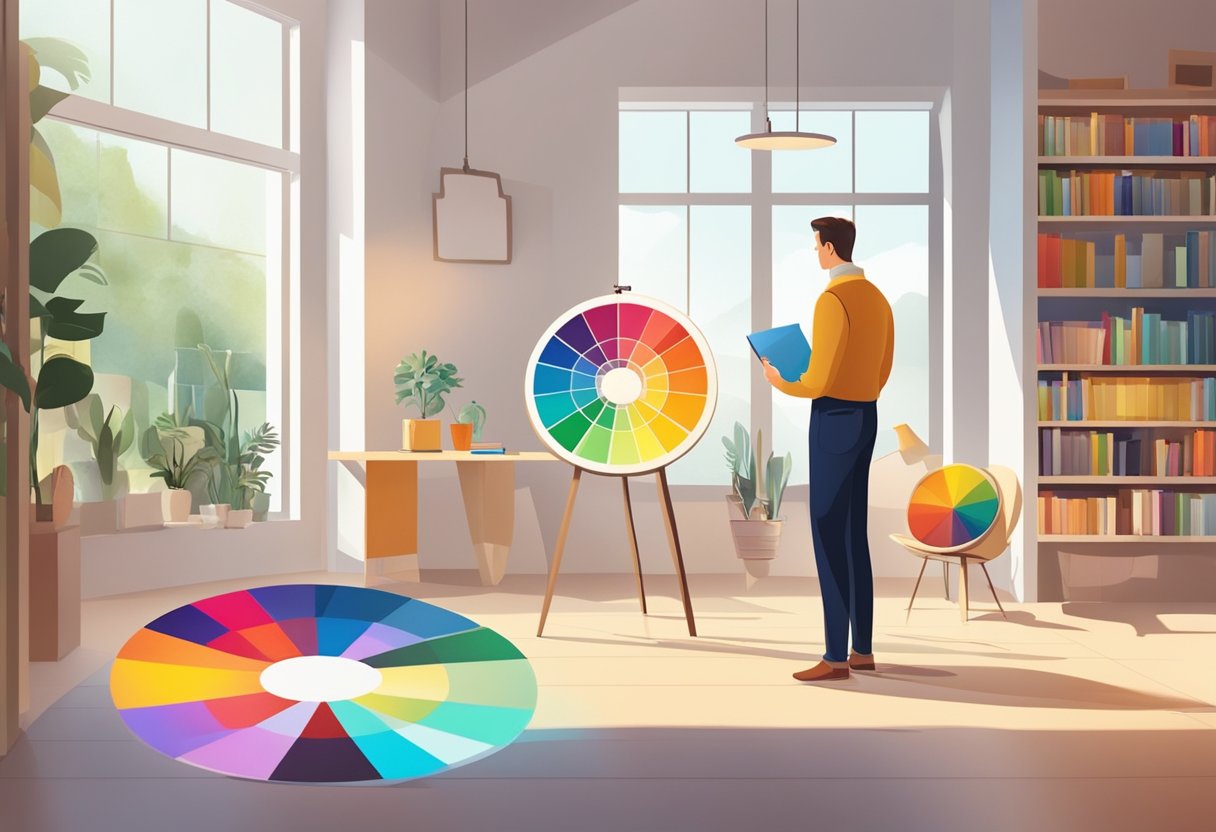 A bright, well-lit room with various color swatches and a person holding a color wheel, analyzing and comparing different shades and tones