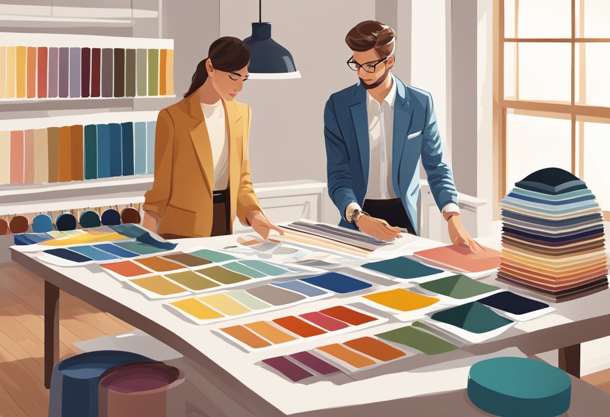 A fashion consultant analyzing color swatches in a well-lit room with a variety of fabric samples and a color wheel on the table