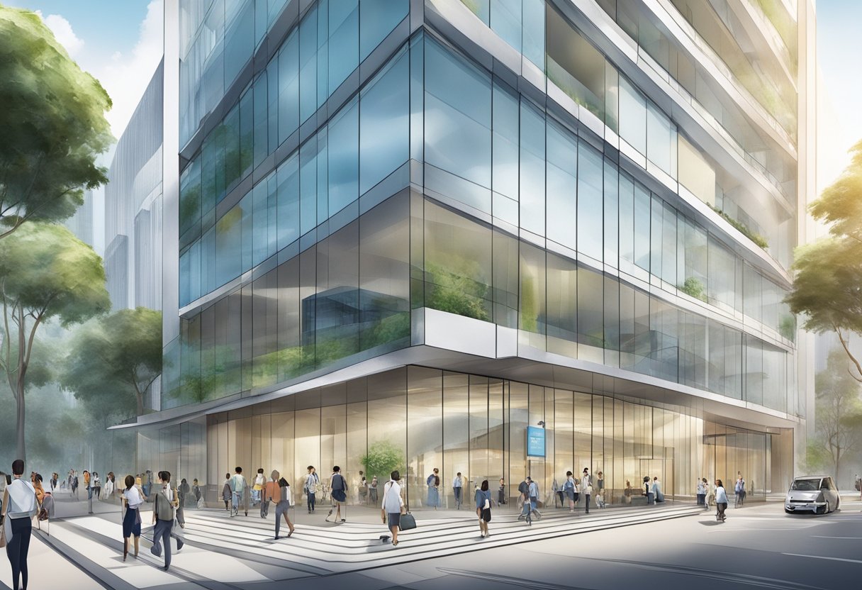 A modern building with sleek architecture and signage displaying "AGC Singapore". People entering and exiting, with a sense of activity and purpose