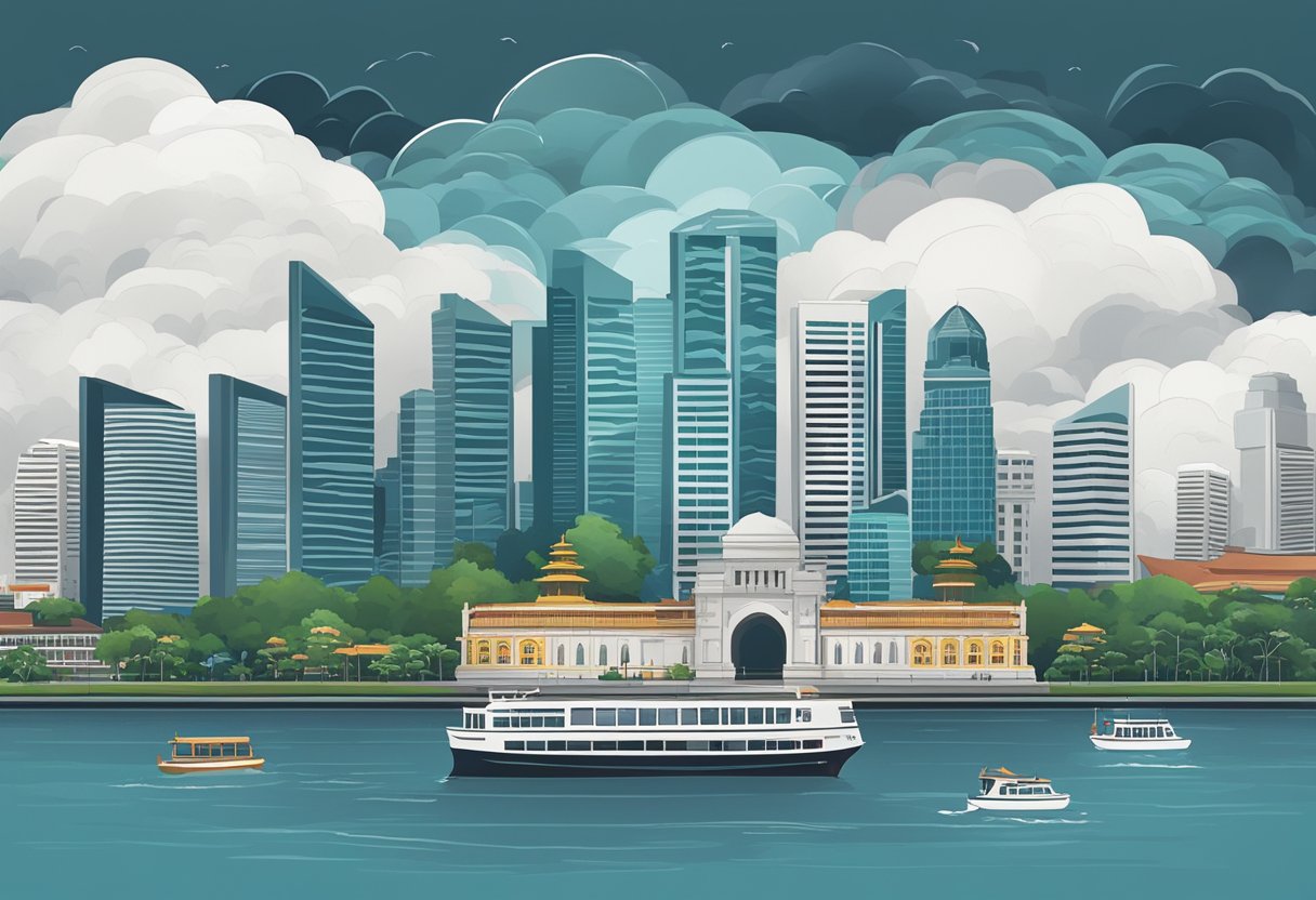 Singapore skyline with iconic landmarks under a stormy sky, representing the threat of the Delta variant