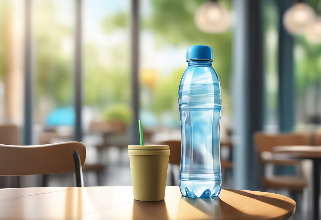 A clear plastic water bottle sitting on a table in a sunny cafe in Singapore