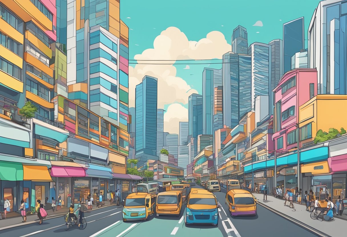 The bustling streets of Singapore, with colorful buildings and busy traffic, as the Delta variant emerges, causing concern and heightened precautions