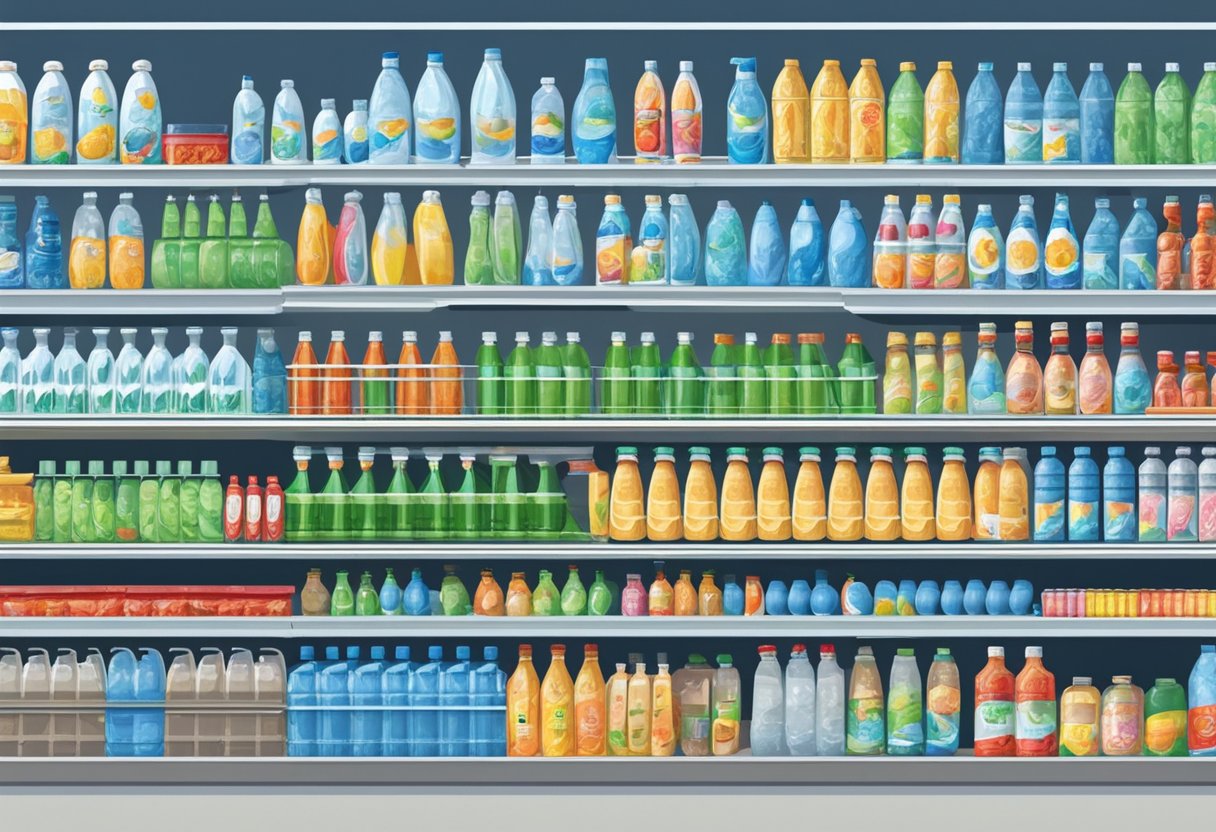 Various water bottles: plastic, metal, and glass, displayed on shelves in a Singaporean convenience store