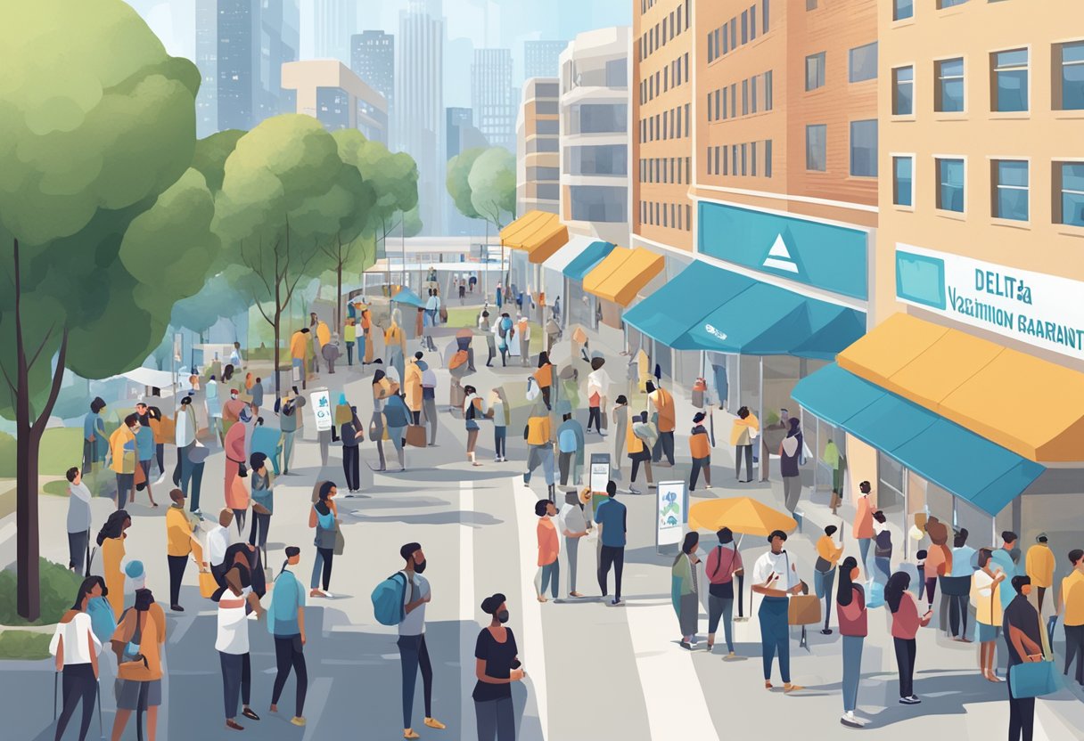 A bustling city with people lining up for vaccination at a public health center, with signs and banners promoting the delta variant strategy