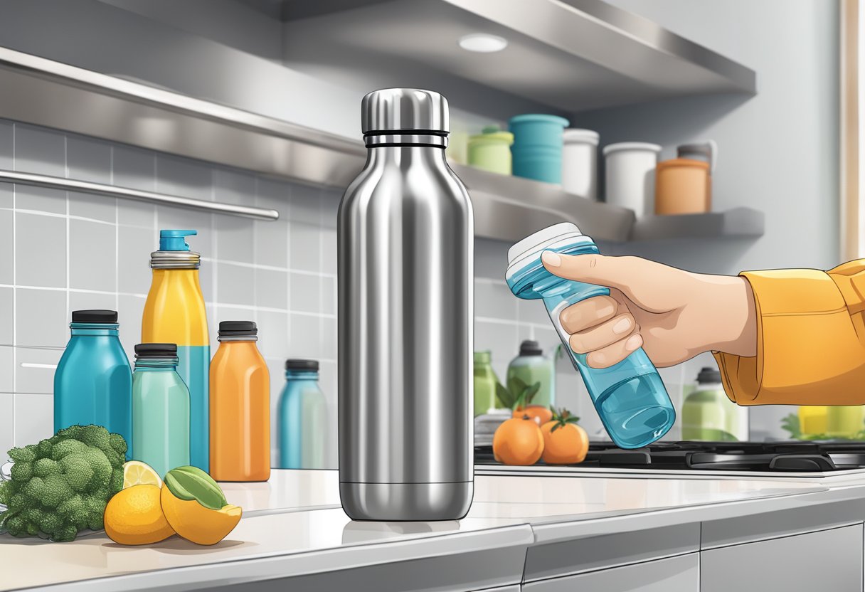 A hand reaches for a sleek, stainless steel water bottle on a kitchen counter, with a variety of other bottles in the background
