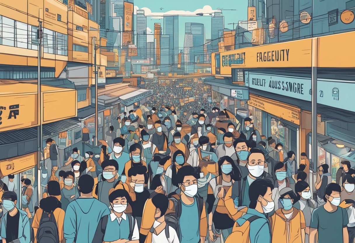 A crowded city street with people wearing masks, a sign reading "Frequently Asked Questions delta variant singapore" in bold letters, and a sense of urgency in the air