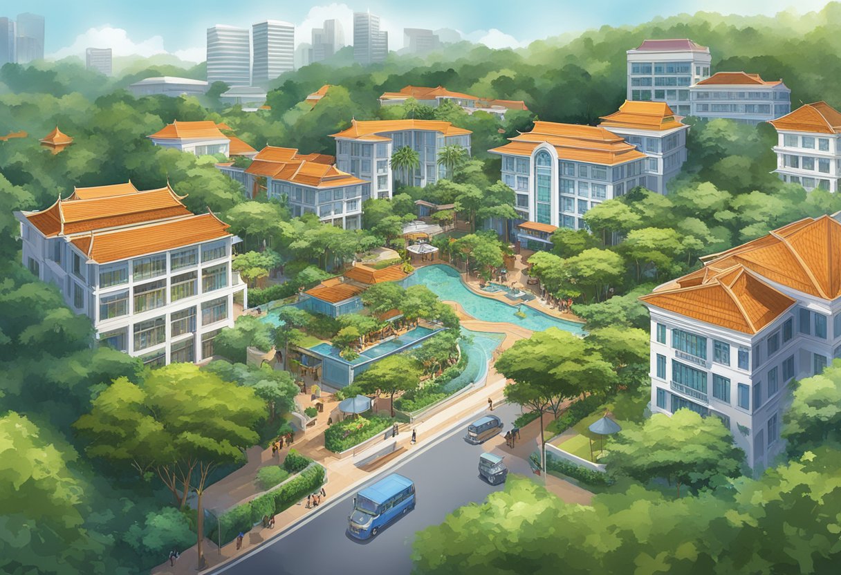 The village hotel at Albert Court, Singapore, bustling with activity and surrounded by lush greenery and traditional architecture