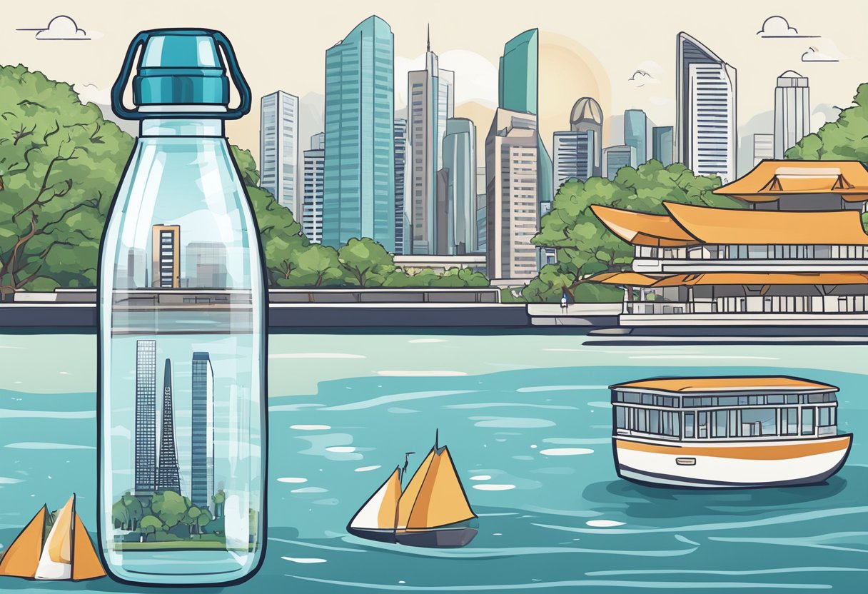 A clear water bottle with a label that reads "Frequently Asked Questions" against a backdrop of iconic Singapore landmarks