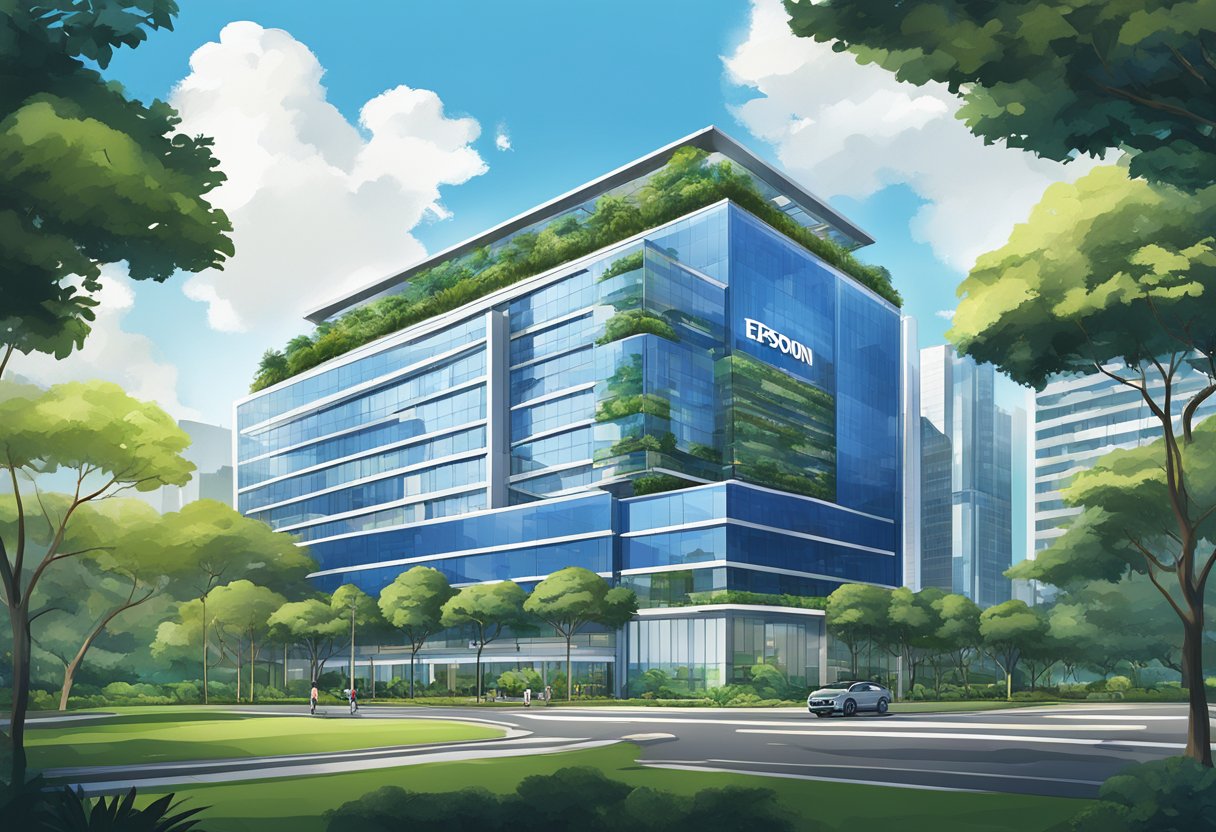 The Epson Singapore office building stands tall against a clear blue sky, surrounded by lush greenery and modern architecture