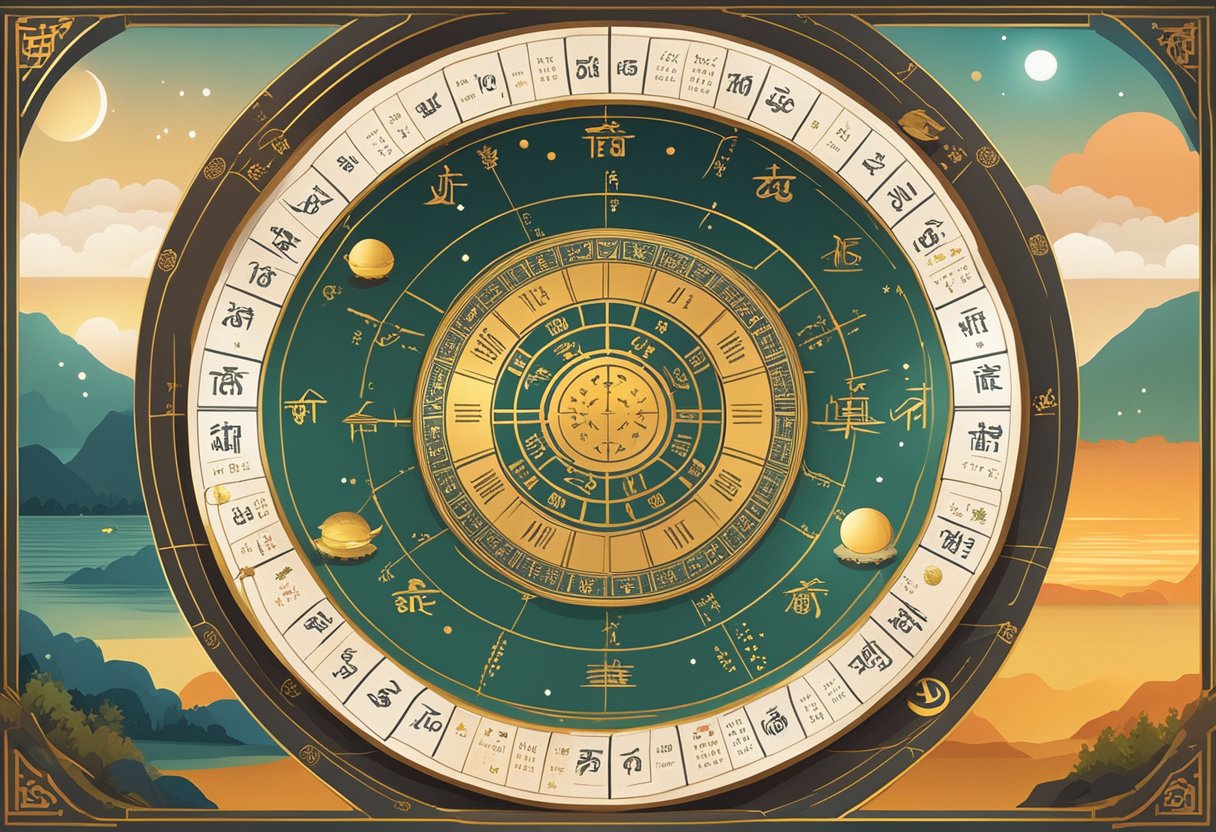 A traditional Panchang calendar with zodiac signs, planetary positions, and auspicious timings, set against a backdrop of a serene landscape
