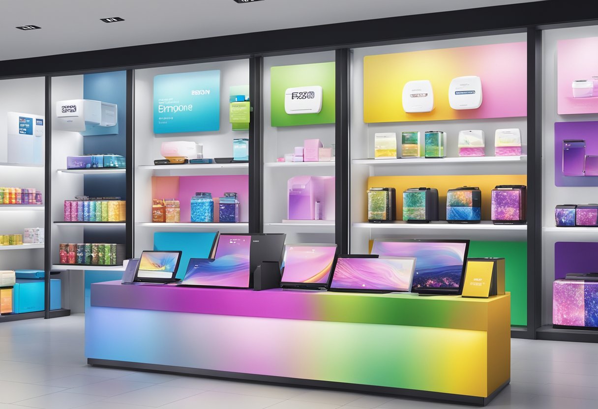 A colorful display of Epson's product range in a sleek Singaporean storefront