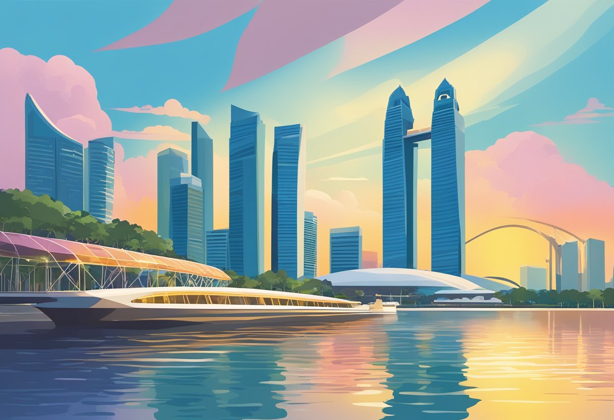 Vibrant cityscape of Singapore with iconic skyscrapers and the Marina Bay Sands hotel reflecting in the water