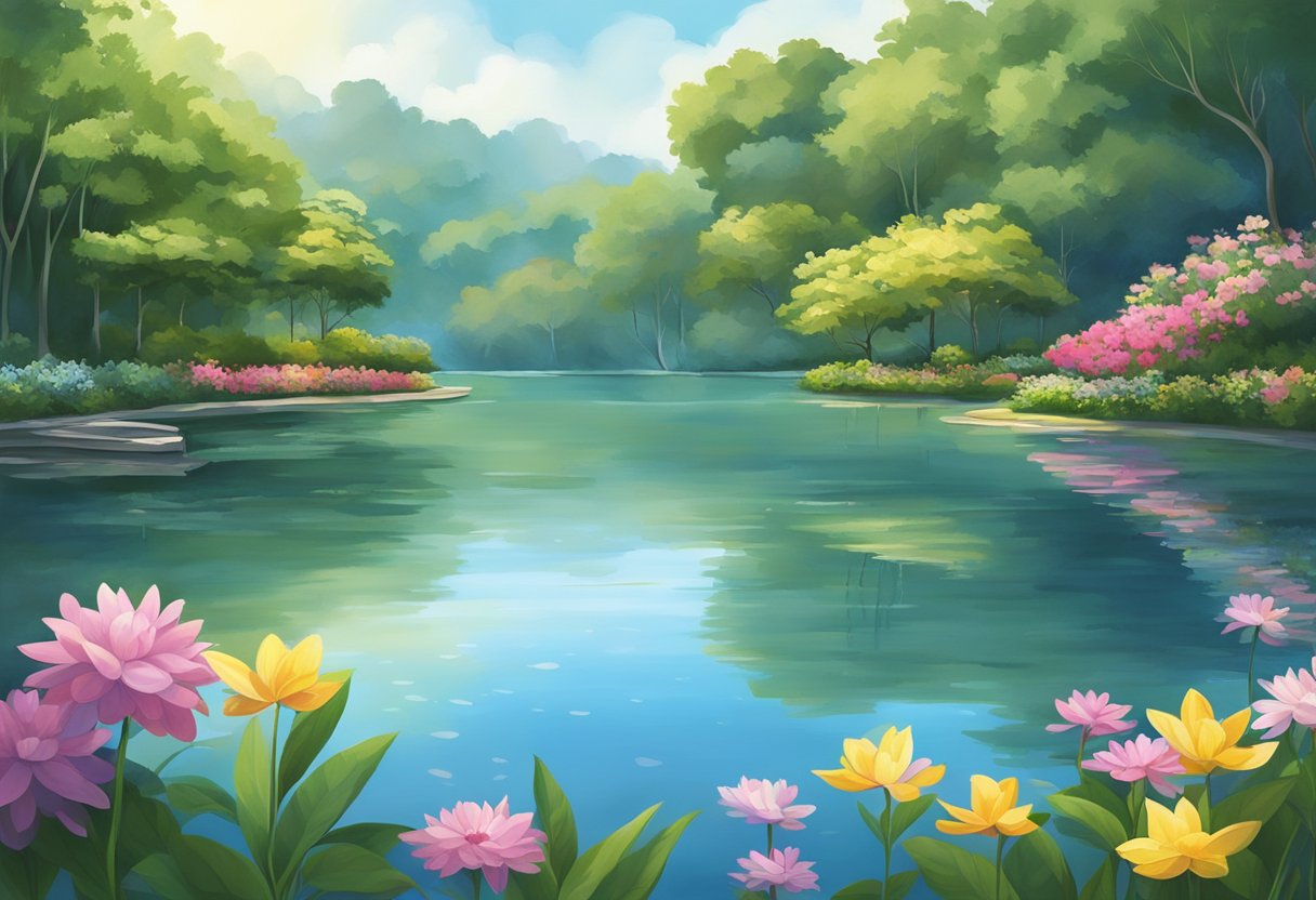 A serene lake in Singapore, surrounded by lush greenery and colorful flowers, with a clear blue sky reflected in the calm water