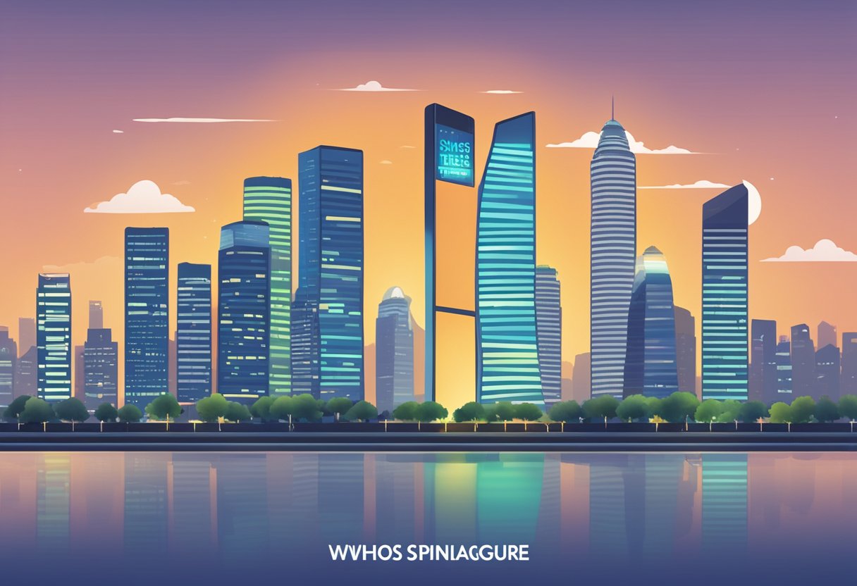 A smartphone with a glowing screen displaying the words "Whose number is this Singapore" against a city skyline backdrop