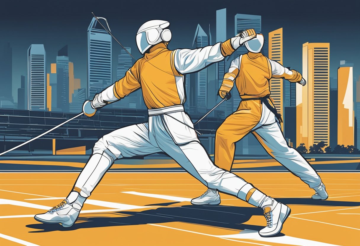 A fencer lunges forward, parrying an opponent's thrust in a dynamic display of skill and agility. The backdrop of the Singapore skyline adds a sense of modernity and urban energy to the scene