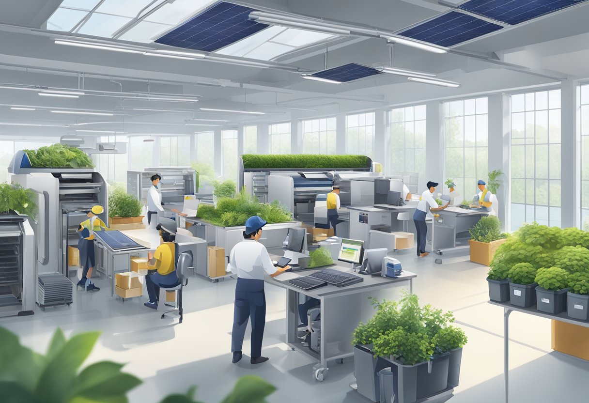 Epson's sustainable practices: solar panels, recycling bins, efficient machinery, greenery, and productivity: employees working diligently, innovative technology, high-quality products