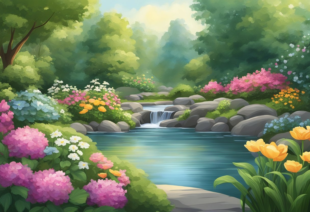A serene garden with a flowing stream, surrounded by lush greenery and blooming flowers, with a tranquil atmosphere