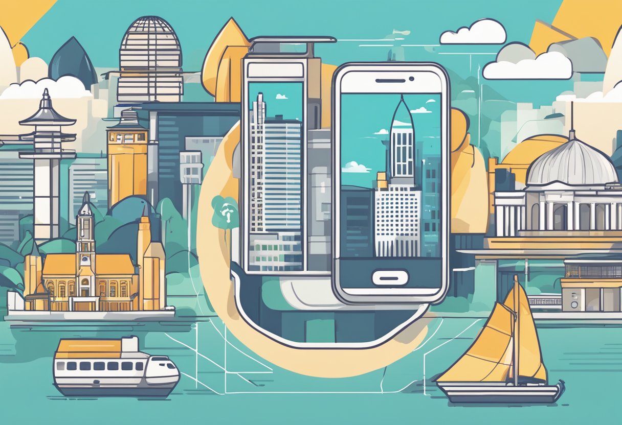 A phone with "Support and Resources" displayed, surrounded by Singaporean landmarks