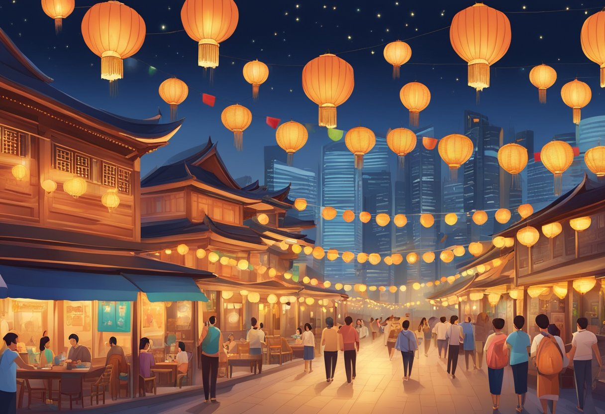 A vibrant cityscape with traditional Singaporean architecture, adorned with colorful flags and banners for a festive celebration. The scene is illuminated by the warm glow of lanterns and candles, creating a sense of auspiciousness and cultural significance