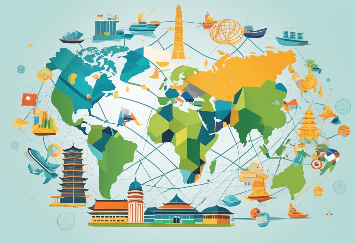 A globe with interconnected lines linking Singapore to various countries, surrounded by icons representing different industries and cultures