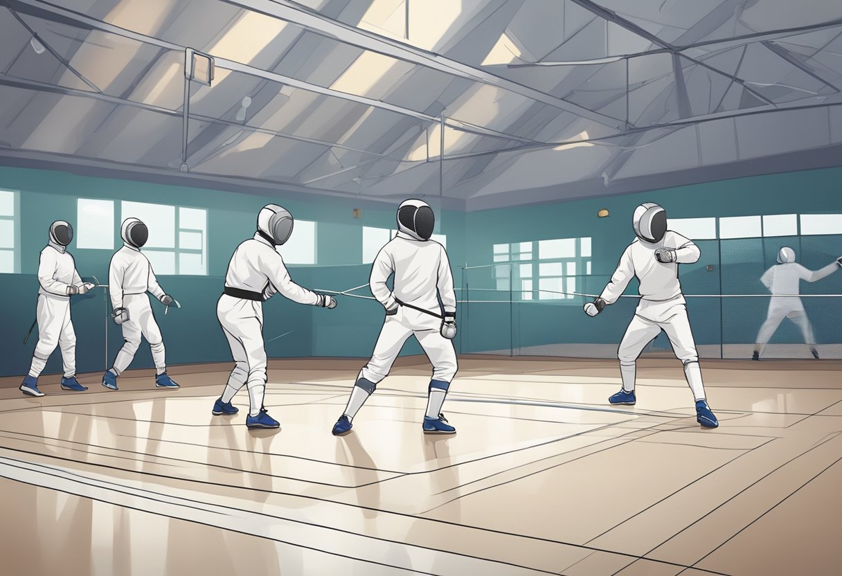Fencers practicing footwork and drills at a modern fencing club in Singapore, with coaches guiding their development