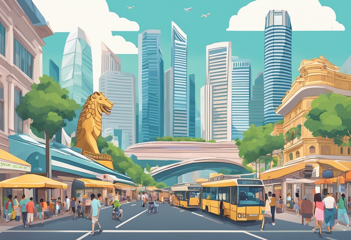 A bustling city street with iconic Singapore landmarks in the background, including the Marina Bay Sands, the Merlion, and vibrant street vendors