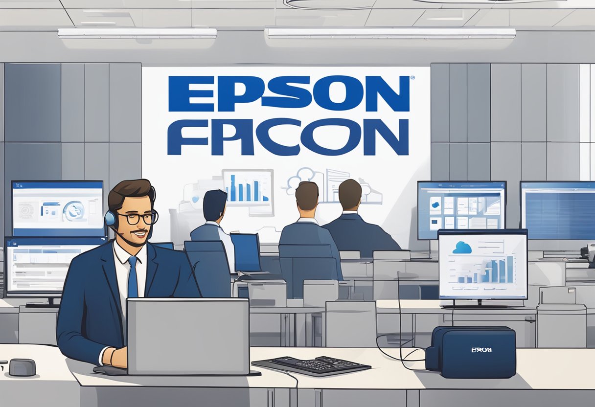 A customer service representative answering questions in front of an Epson logo backdrop