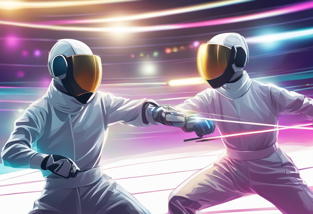 Fencers in action at a competition in Singapore. Bright lights illuminate the arena as the competitors engage in intense and precise movements