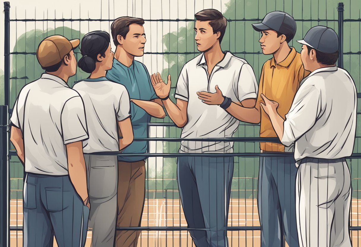A group of people gathered around a fencing instructor, asking questions and receiving guidance. The instructor is gesturing and explaining various techniques and rules