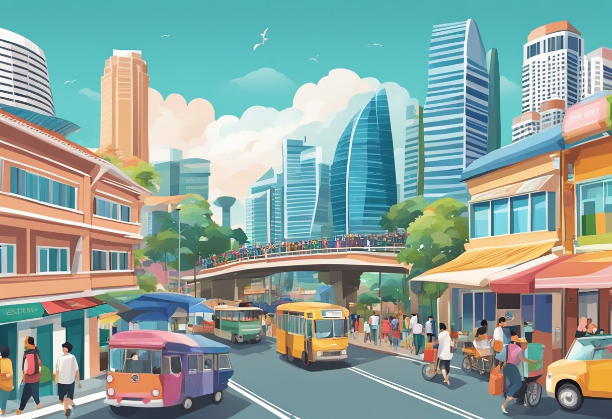 A bustling street in Singapore with colorful buildings, bustling markets, and iconic landmarks like the Marina Bay Sands and the Singapore Flyer