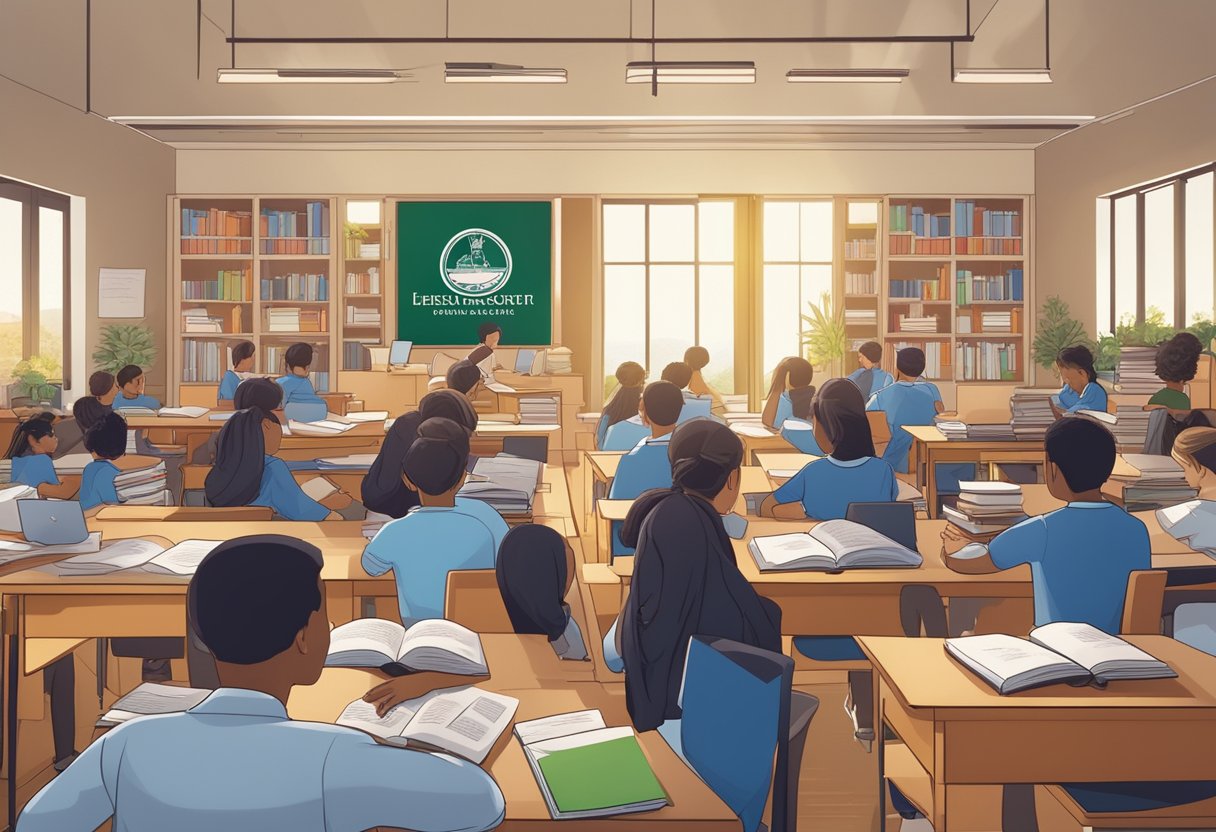 Students at GESS engage in focused study, surrounded by books and educational materials, with a backdrop of the school's emblem and motto