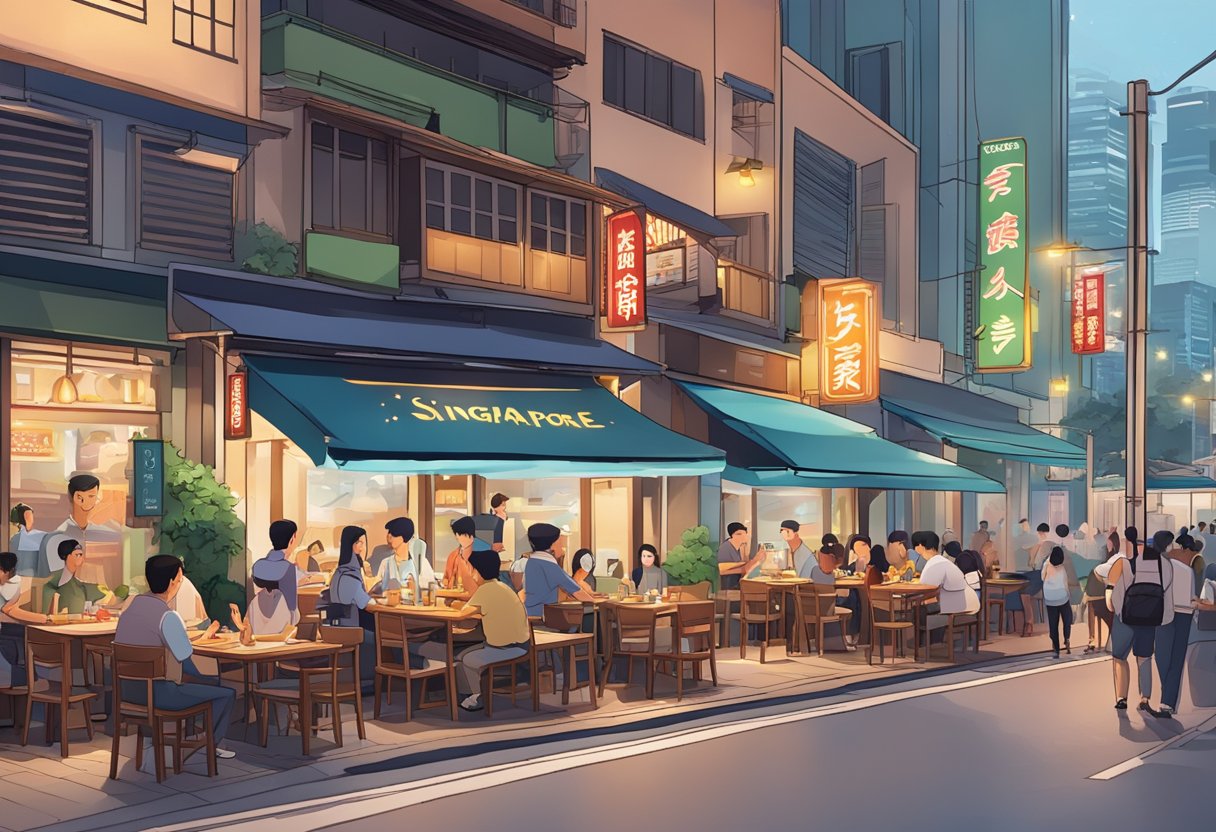 A bustling Singapore street with the vibrant Gyu-Kaku restaurant sign glowing against the night sky, while diners enjoy sizzling barbecue at outdoor tables