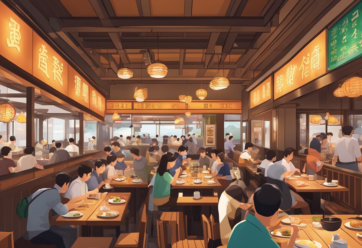 A bustling Gyu-Kaku restaurant in Singapore, filled with sizzling grills, happy diners, and a warm, inviting atmosphere