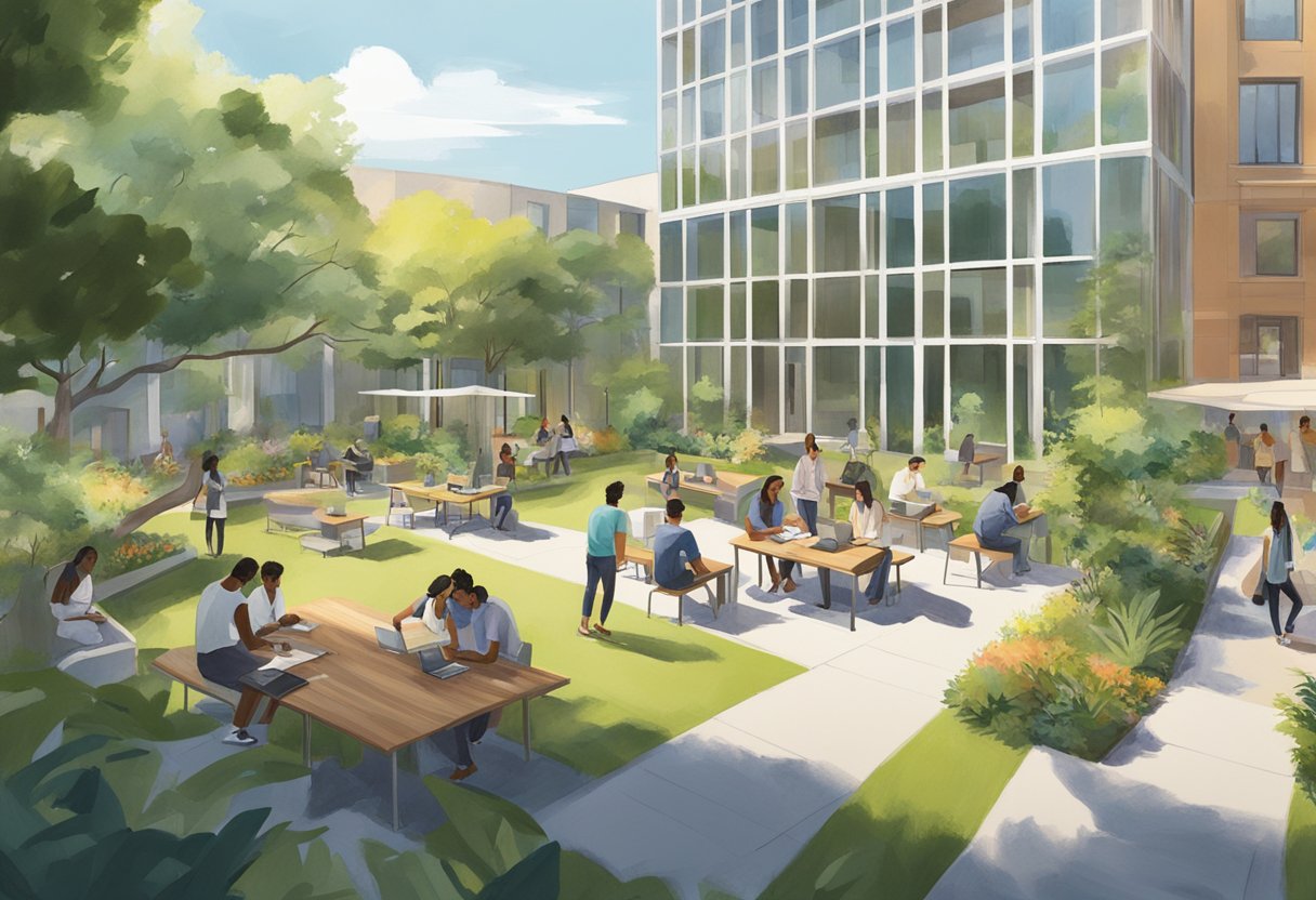 Students gather in outdoor study areas, surrounded by lush greenery and modern architecture. A sense of community is evident as friends chat and collaborate on projects, while others relax and enjoy the peaceful atmosphere