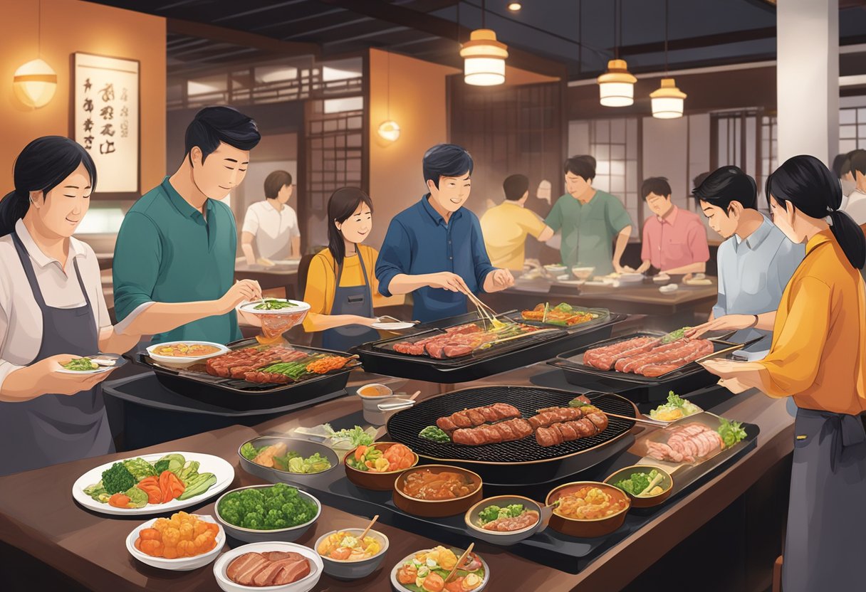 Sizzling meats and vegetables on tabletop grills, with patrons enjoying interactive dining experience at Gyu-Kaku Singapore