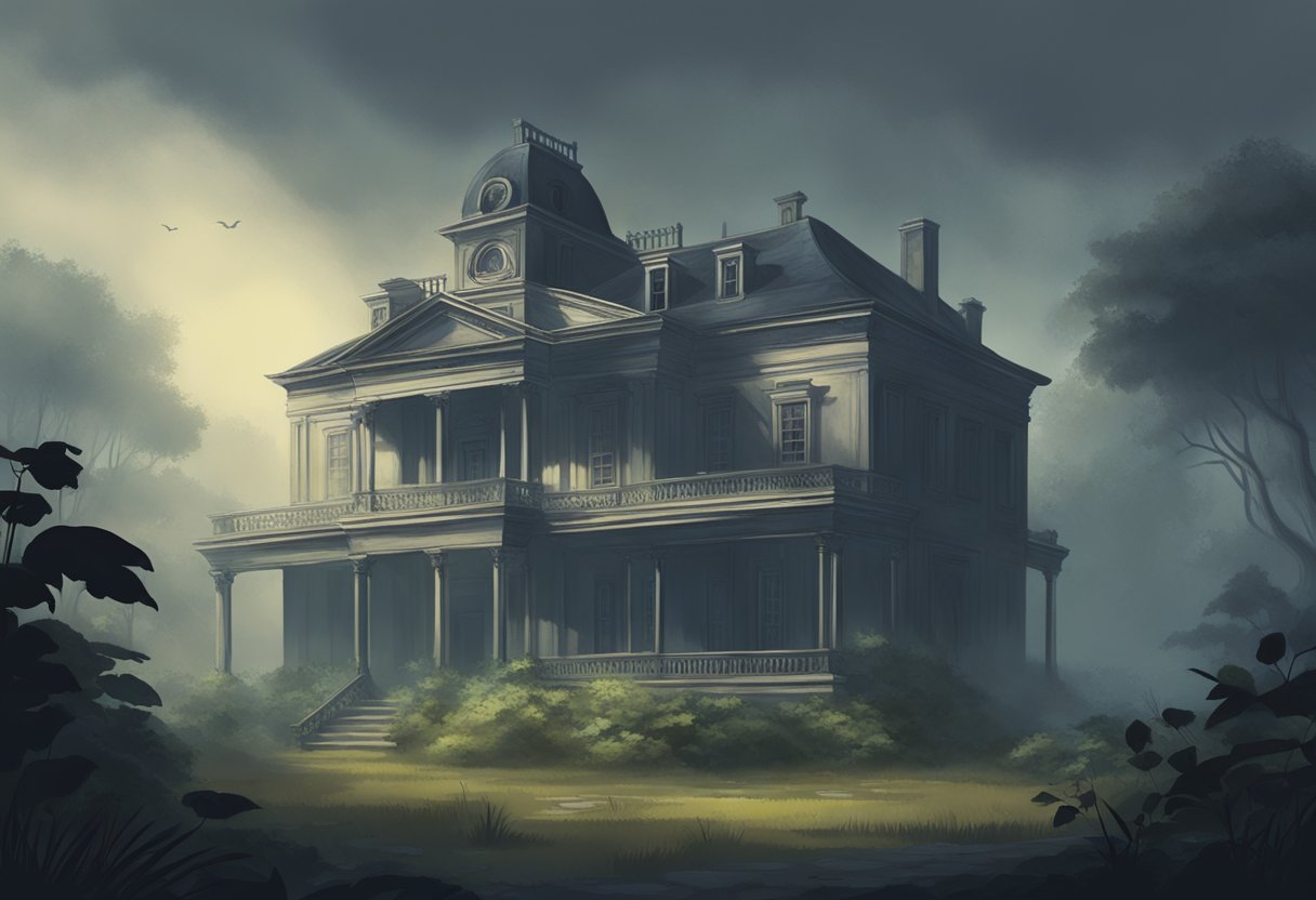 An abandoned colonial mansion looms ominously, surrounded by overgrown vegetation and eerie mist, with ghostly figures lurking in the shadows