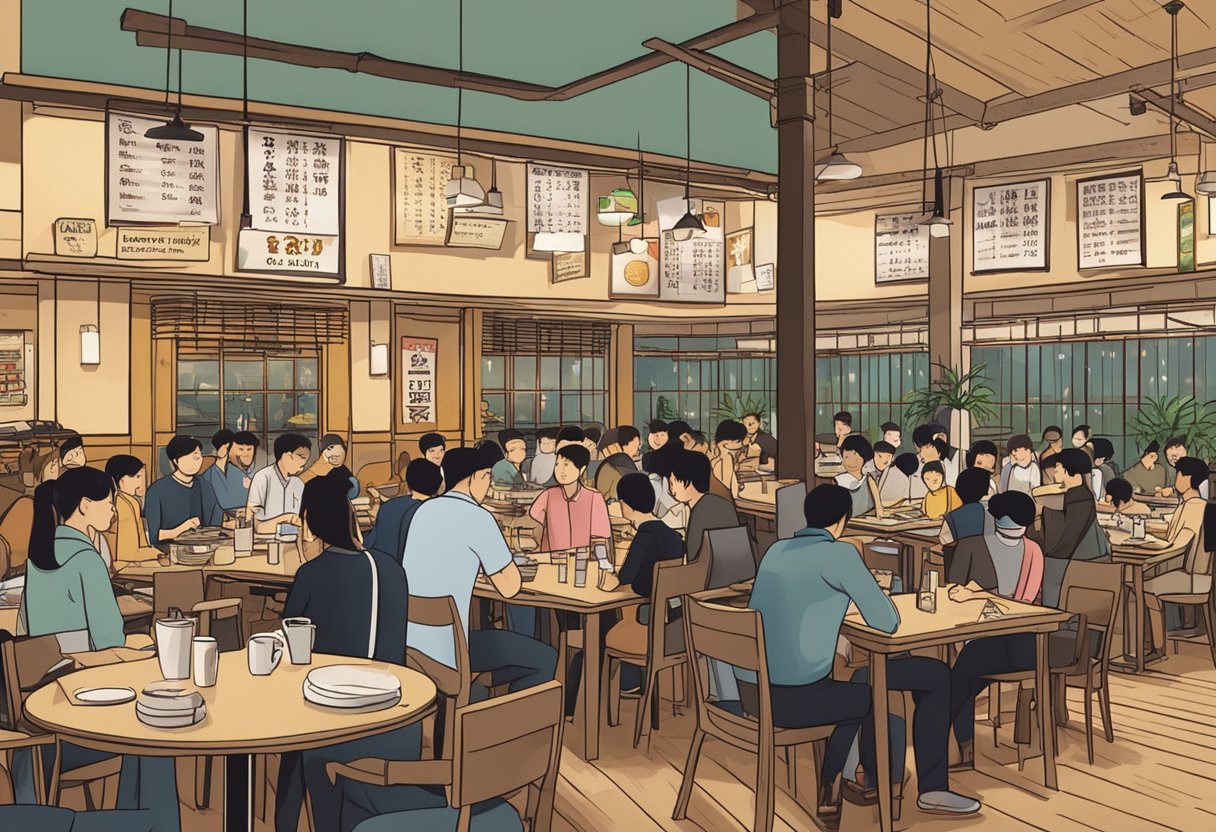 A busy restaurant with tables filled with customers, servers moving around, and a prominent sign reading "Frequently Asked Questions Gyu Kaku Singapore."