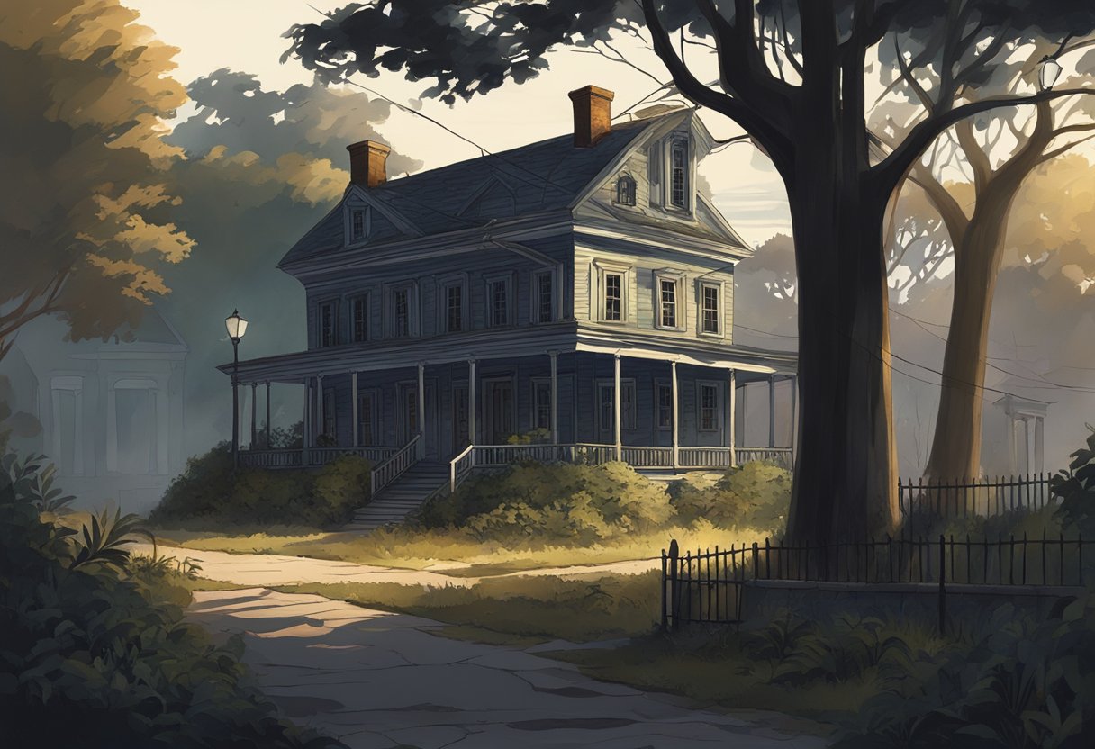 An eerie old colonial building stands amidst overgrown foliage, its windows dark and foreboding. A flickering streetlamp casts long shadows, adding to the sense of mystery and unease