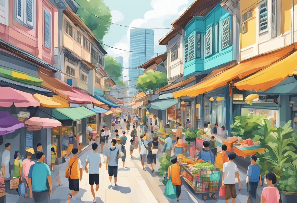 A bustling street in Singapore, with colorful shophouses, street vendors, and people going about their day