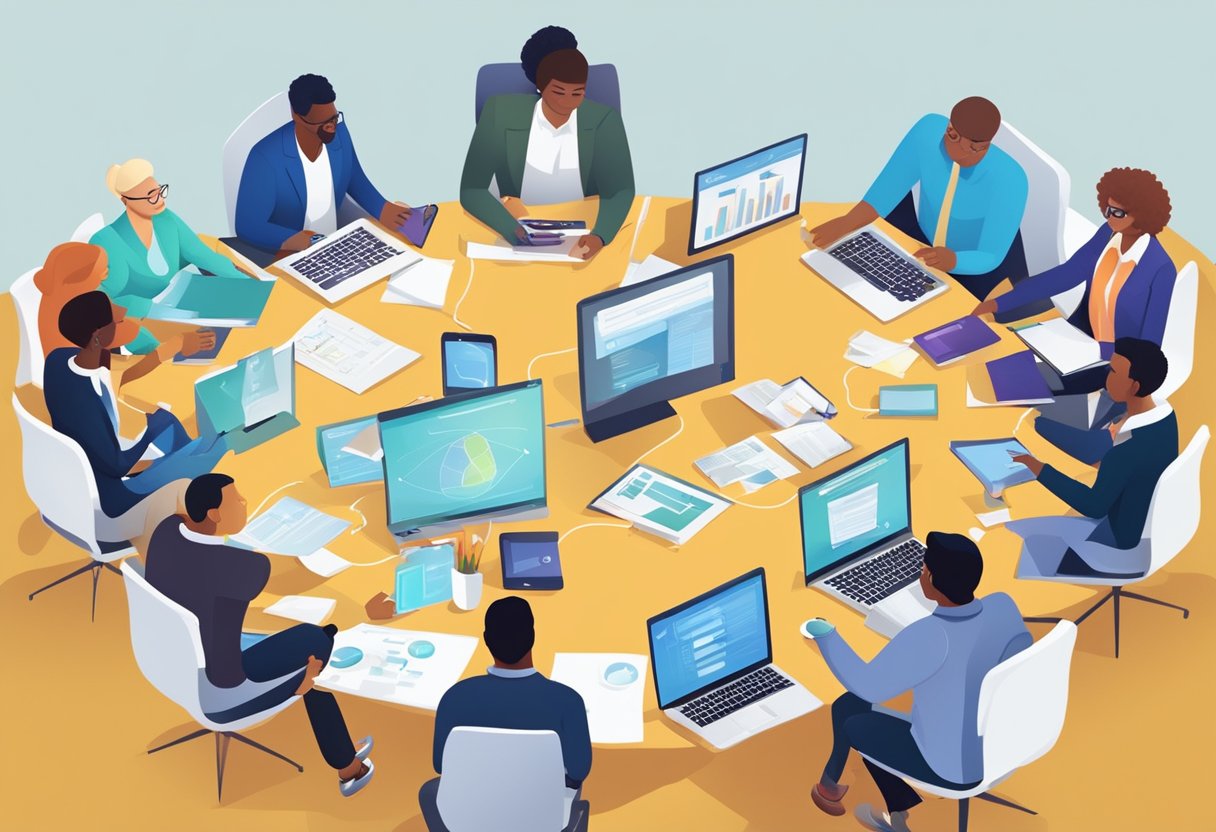 A diverse group of professionals engage in training and collaboration, surrounded by technology and resources for career development and workforce transformation